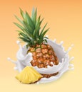 Pineapple and milk splash. Fruit and yogurt. 3d vector icon