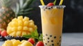 Pineapple milkshake with sweet tapioca balls, Asian bubble tea drink