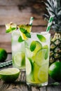 Pineapple Mojito Sangria with lime slices and mint in glass