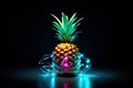 Pineapple with neon lights on black background. 3d illustration, pinaple hacking toll attacking wifi, AI Generated Royalty Free Stock Photo