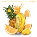 Pineapple, orange and a glass of splashing fruit juice.