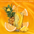 Pineapple, orange and a glass of splashing juice on a background of fruit juice. Royalty Free Stock Photo