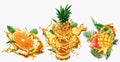 Pineapple, Orange and Mango in splashes of juice Royalty Free Stock Photo