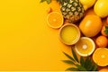 A pineapple, oranges, and other fruit on a yellow background. AI generative image . A lot of copy space. Royalty Free Stock Photo