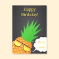 Pineapple with party glasses. Happy birthday postcard.