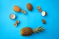 Pineapple, passion fruit and coconut on blue Royalty Free Stock Photo