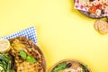 Pineapple and peach barbecued grilled picnic. Free space for text. Summer Lunch. Copy space. flat aly Royalty Free Stock Photo