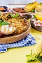 Pineapple and peach barbecued grilled picnic. Free space for text. Summer Lunch. Copy space. flat aly Royalty Free Stock Photo