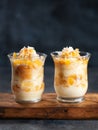 Pineapple, peach, Coconut Trifle dessert mouse in a glass on a dark background with copy space. Vegan recipe dessert concept.