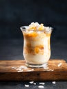 Pineapple, peach, Coconut Trifle dessert mouse in a glass on a dark background with copy space. Vegan recipe dessert concept.