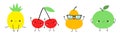 Pineapple Pear Apple Cherry icon set line. Yellow color. Cute cartoon kawaii smiling baby character. Funny fruit berry face. Hands Royalty Free Stock Photo