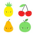 Pineapple Pear Apple Cherry icon set. Yellow color. Cute cartoon kawaii smiling baby character. Funny fruit berry face. Flat Royalty Free Stock Photo