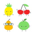 Pineapple Pear Apple Cherry icon set. Yellow color. Cute cartoon kawaii smiling baby character. Funny fruit berry face. Legs and Royalty Free Stock Photo