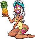 Pinup model kneeling and holding a pineapple up.