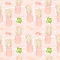 Pineapple and postage stamps, seamless pattern on a sorbet pink background. Aloha means Hello in Hawaii. Fruit delivery