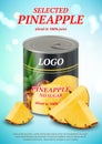 Pineapple poster. Ads placard with exotic tropical fruit canned pineapple products decent vector templates with place