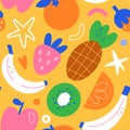 Pineapple print, tropical fruit background, banana, kiwi, strawberry, orange fruits and berries, stylized illustrations