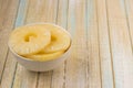 Pineapple rings in a white bowl. Canned ananas slices, copy space