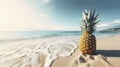 A pineapple on the sand at the beach, summer, sea, blue sky, splashes, sea foam.AI generated