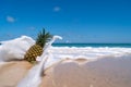 Pineapple on sand with sea water splash on blue sky summer concept Royalty Free Stock Photo