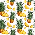 Pineapple seamless pattern. Design with hand drawn illustration of pineapple with leaves and pineapple slices