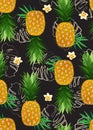 Pineapple seamless pattern with frangipani flower and tropical leaves on black background. Summer background. Ananas fruits