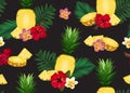 Pineapple seamless pattern in longitudinal section and slice with tropical flower and leaves on black background.