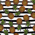 Pineapple seamless pattern on strips background. Royalty Free Stock Photo