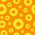 Pineapple seamless pattern. Vector illustration. Colorful slices ananas on a orange background. For decoration backdrops