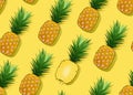 Pineapple seamless pattern whole and in longitudinal section on yellow background. Summer background. Ananas fruits Royalty Free Stock Photo