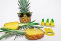 Pineapple set. Two pineapples in sunglasses, one cut pineapple, can opener and candles in the shape of pineapples. Royalty Free Stock Photo