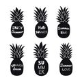 Pineapple silhouettes. Hello Summer quotes. Black pineapple icons. Vector Royalty Free Stock Photo