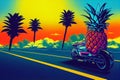 Pineapple sitting on a motorcycle, driving on a road with palm trees, 80s retrowave style, summer holiday feeling, vibrant colours