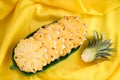 pineapple slice on plate for food fruit ripe pineapple on yellow background, fresh pineapple tropical fruits summer - top view Royalty Free Stock Photo