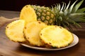 Pineapple slices on a plate on a wooden table. Tropical fruit, Tropical delight Behold the pineapple, AI Generated Royalty Free Stock Photo