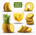 Pineapple slices. Realistic exotic fruit. Yellow juice. Water splash. Half cut and whole ananas. Refreshing drink Royalty Free Stock Photo