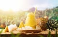 Pineapple slush on a table in field with pineapple crops Royalty Free Stock Photo