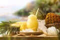 Pineapple slush on wooden table with nature background Royalty Free Stock Photo