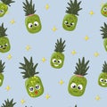 Pineapple smiling happy open minded cartoon character repeat seamless pattern on blue background