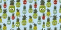 Pineapple smiling happy and sad cry open minded cartoon character repeat seamless pattern on blue background