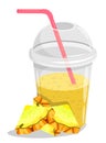 Pineapple smoothie glass with straw and pineapple slice. Refreshing fruit drinks in hot summer. Cartoon vector isolated on white Royalty Free Stock Photo