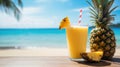 Pineapple smoothie on the wooden table with tropical beach background