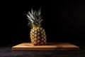 Pineapple stands on a wooden board on a dark background