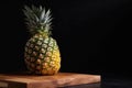 Pineapple stands on a wooden board on a dark background