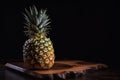 Pineapple stands on a wooden board on a dark background