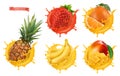 Pineapple, strawberry, orange, banana, mango juice. Fresh fruits and splashes, 3d realistic vector icon set Royalty Free Stock Photo