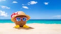 Coconut with sunglasses and Strawhat at tropical beach - Holiday Vacation Concept