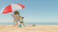 A pineapple in sunglasses lies on the beach with a red and white umbrella against the sea.3d rendering Royalty Free Stock Photo