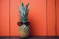 Pineapple in sunglasses pink coral wood wall background. Generative AI