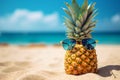 Pineapple in sunglasses on a sandy beach, the concept of a summer vacation, a seaside resort Royalty Free Stock Photo